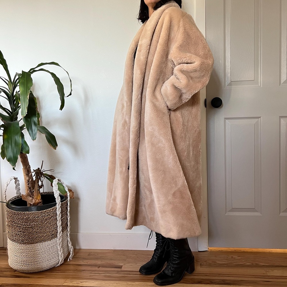 Vintage 50s Beige Faux Fur Swing Coat Old Hollywood Glam L XL - Picture 6 of 13